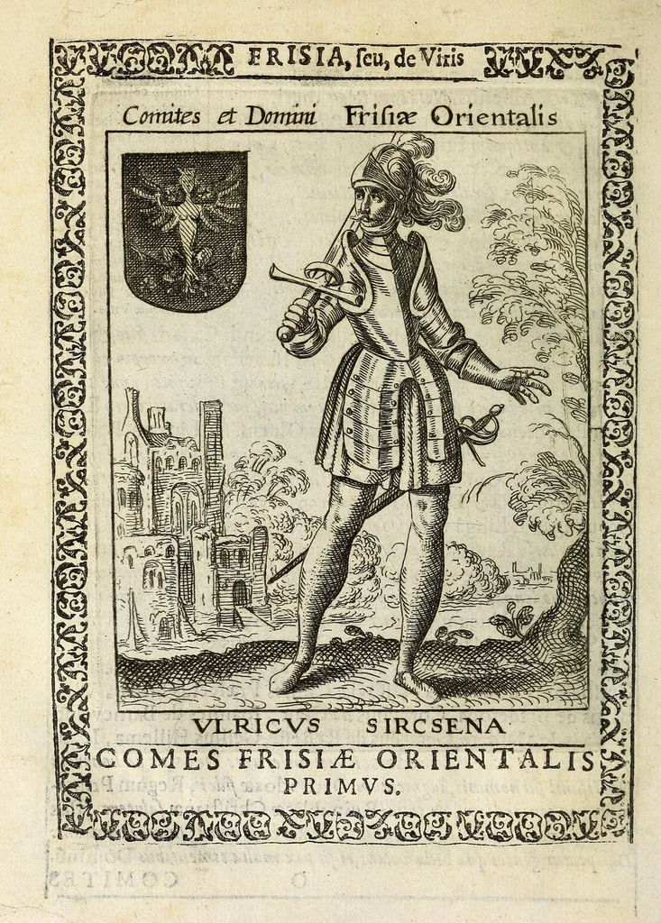 An illustration from Martini Hamconii Frisia; seu, De viris rebusque Frisiae illustribus libri duo. Opus ab authore recognitum, auctum, & imaginibus regum, potestatum, ac principum exornatum. Adiecti sunt pontifices Frisiorum ethnici, seu praefecti druydum: episcopi ultraiectini: comites Hollandiae & Zelandiae: diplomataque, & monumenta aliquot pontificum, caesarum, ac aliorum heroum, virtutem Frisiorum declarantia, 1620, leaf 146