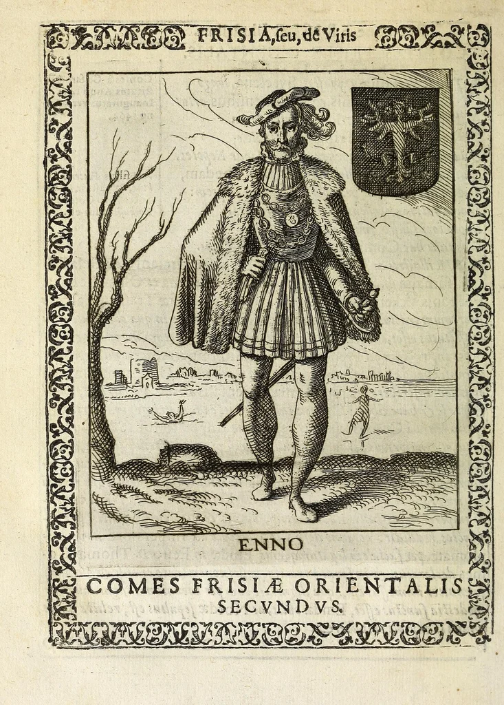 An illustration from Martini Hamconii Frisia; seu, De viris rebusque Frisiae illustribus libri duo. Opus ab authore recognitum, auctum, & imaginibus regum, potestatum, ac principum exornatum. Adiecti sunt pontifices Frisiorum ethnici, seu praefecti druydum: episcopi ultraiectini: comites Hollandiae & Zelandiae: diplomataque, & monumenta aliquot pontificum, caesarum, ac aliorum heroum, virtutem Frisiorum declarantia, 1620, leaf 148