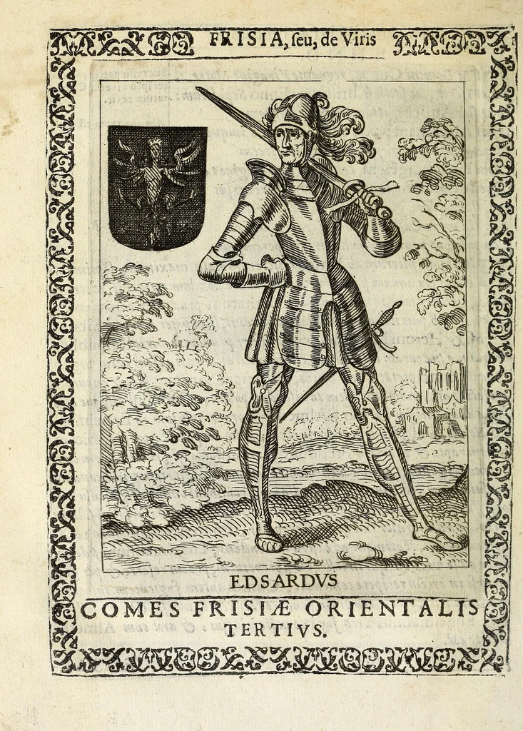 An illustration from Martini Hamconii Frisia; seu, De viris rebusque Frisiae illustribus libri duo. Opus ab authore recognitum, auctum, & imaginibus regum, potestatum, ac principum exornatum. Adiecti sunt pontifices Frisiorum ethnici, seu praefecti druydum: episcopi ultraiectini: comites Hollandiae & Zelandiae: diplomataque, & monumenta aliquot pontificum, caesarum, ac aliorum heroum, virtutem Frisiorum declarantia, 1620, leaf 150