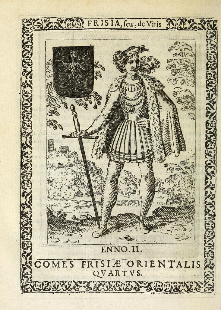 An illustration from Martini Hamconii Frisia; seu, De viris rebusque Frisiae illustribus libri duo. Opus ab authore recognitum, auctum, & imaginibus regum, potestatum, ac principum exornatum. Adiecti sunt pontifices Frisiorum ethnici, seu praefecti druydum: episcopi ultraiectini: comites Hollandiae & Zelandiae: diplomataque, & monumenta aliquot pontificum, caesarum, ac aliorum heroum, virtutem Frisiorum declarantia, 1620, leaf 152