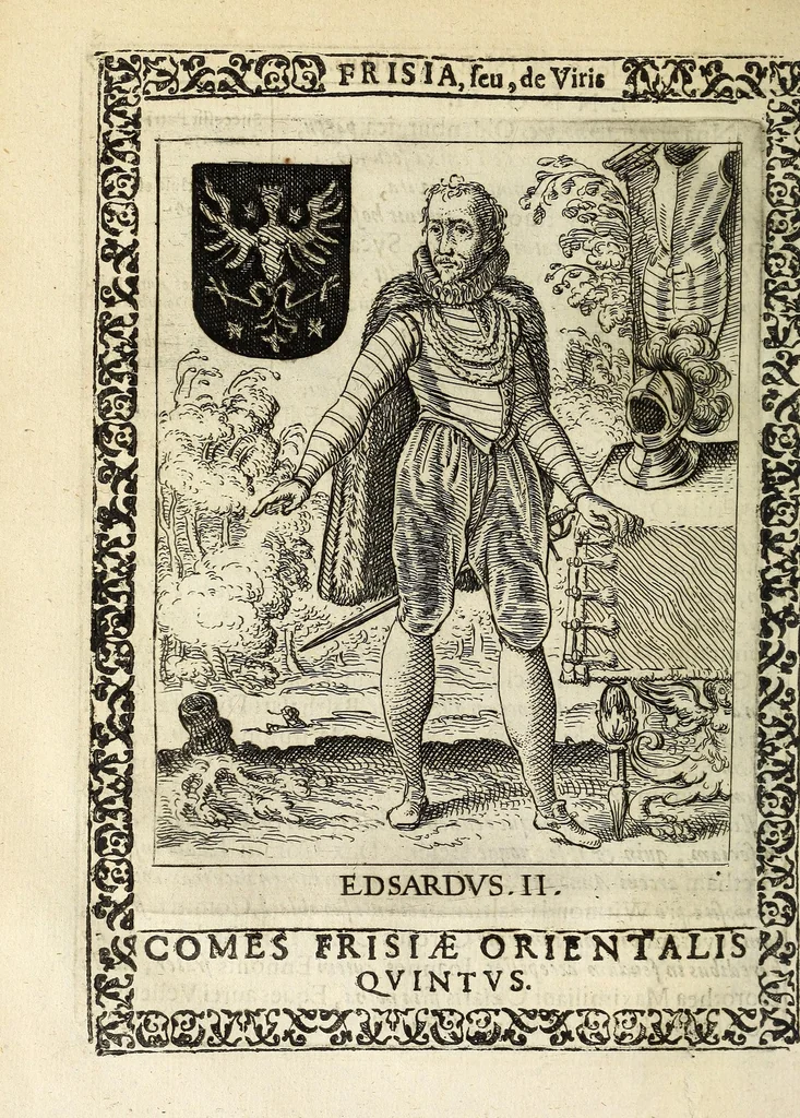 An illustration from Martini Hamconii Frisia; seu, De viris rebusque Frisiae illustribus libri duo. Opus ab authore recognitum, auctum, & imaginibus regum, potestatum, ac principum exornatum. Adiecti sunt pontifices Frisiorum ethnici, seu praefecti druydum: episcopi ultraiectini: comites Hollandiae & Zelandiae: diplomataque, & monumenta aliquot pontificum, caesarum, ac aliorum heroum, virtutem Frisiorum declarantia, 1620, leaf 154