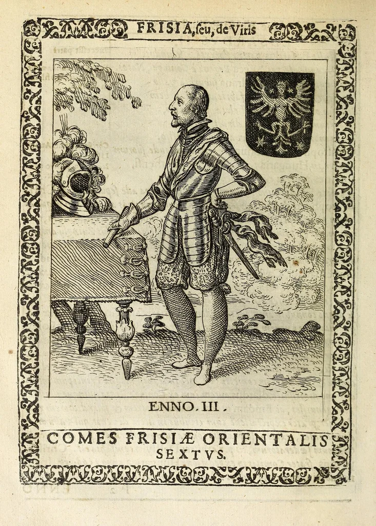 An illustration from Martini Hamconii Frisia; seu, De viris rebusque Frisiae illustribus libri duo. Opus ab authore recognitum, auctum, & imaginibus regum, potestatum, ac principum exornatum. Adiecti sunt pontifices Frisiorum ethnici, seu praefecti druydum: episcopi ultraiectini: comites Hollandiae & Zelandiae: diplomataque, & monumenta aliquot pontificum, caesarum, ac aliorum heroum, virtutem Frisiorum declarantia, 1620, leaf 156