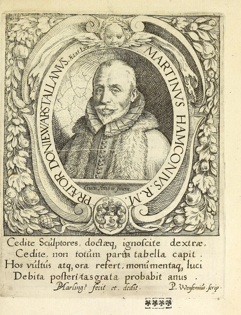 An illustration from Martini Hamconii Frisia; seu, De viris rebusque Frisiae illustribus libri duo. Opus ab authore recognitum, auctum, & imaginibus regum, potestatum, ac principum exornatum. Adiecti sunt pontifices Frisiorum ethnici, seu praefecti druydum: episcopi ultraiectini: comites Hollandiae & Zelandiae: diplomataque, & monumenta aliquot pontificum, caesarum, ac aliorum heroum, virtutem Frisiorum declarantia, 1620, leaf 29