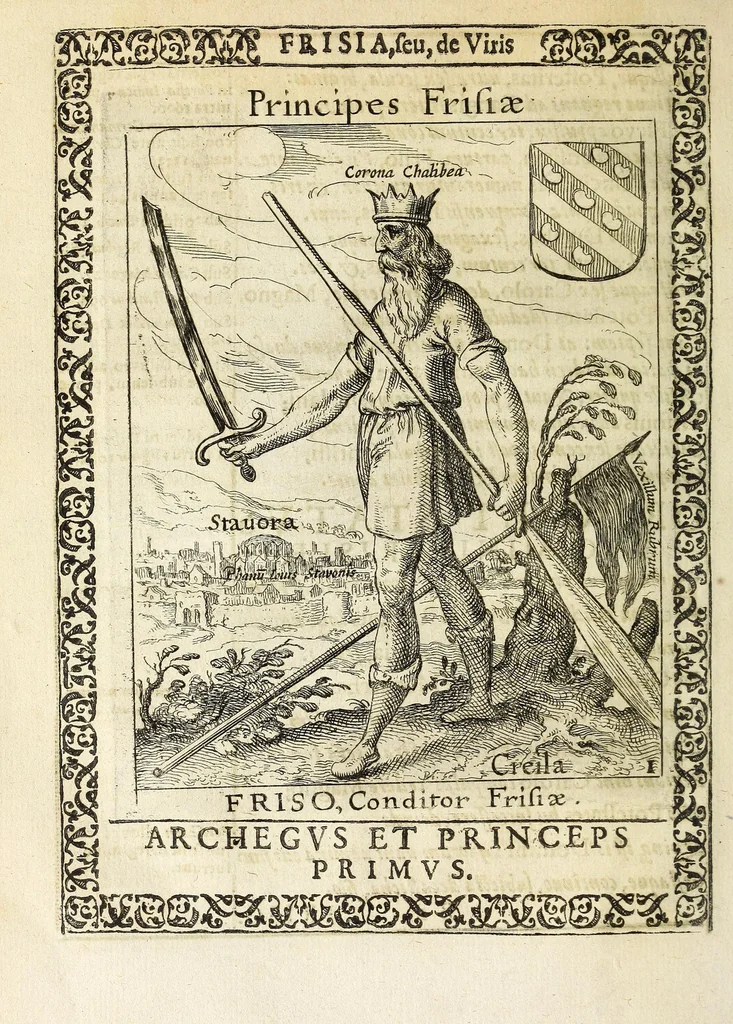An illustration from Martini Hamconii Frisia; seu, De viris rebusque Frisiae illustribus libri duo. Opus ab authore recognitum, auctum, & imaginibus regum, potestatum, ac principum exornatum. Adiecti sunt pontifices Frisiorum ethnici, seu praefecti druydum: episcopi ultraiectini: comites Hollandiae & Zelandiae: diplomataque, & monumenta aliquot pontificum, caesarum, ac aliorum heroum, virtutem Frisiorum declarantia, 1620, leaf 52
