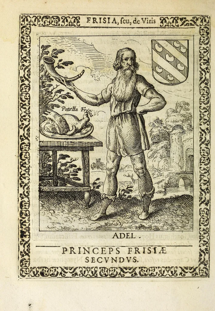 An illustration from Martini Hamconii Frisia; seu, De viris rebusque Frisiae illustribus libri duo. Opus ab authore recognitum, auctum, & imaginibus regum, potestatum, ac principum exornatum. Adiecti sunt pontifices Frisiorum ethnici, seu praefecti druydum: episcopi ultraiectini: comites Hollandiae & Zelandiae: diplomataque, & monumenta aliquot pontificum, caesarum, ac aliorum heroum, virtutem Frisiorum declarantia, 1620, leaf 54