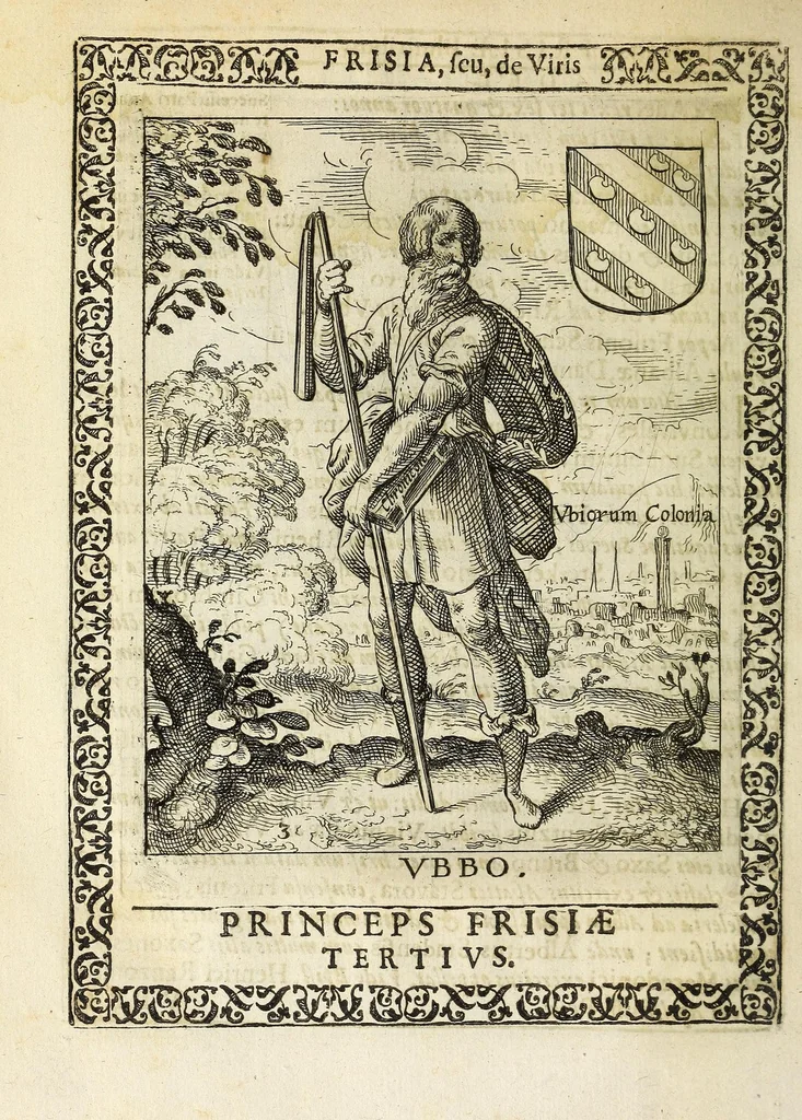 An illustration from Martini Hamconii Frisia; seu, De viris rebusque Frisiae illustribus libri duo. Opus ab authore recognitum, auctum, & imaginibus regum, potestatum, ac principum exornatum. Adiecti sunt pontifices Frisiorum ethnici, seu praefecti druydum: episcopi ultraiectini: comites Hollandiae & Zelandiae: diplomataque, & monumenta aliquot pontificum, caesarum, ac aliorum heroum, virtutem Frisiorum declarantia, 1620, leaf 56