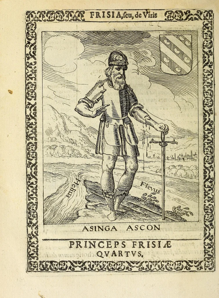 An illustration from Martini Hamconii Frisia; seu, De viris rebusque Frisiae illustribus libri duo. Opus ab authore recognitum, auctum, & imaginibus regum, potestatum, ac principum exornatum. Adiecti sunt pontifices Frisiorum ethnici, seu praefecti druydum: episcopi ultraiectini: comites Hollandiae & Zelandiae: diplomataque, & monumenta aliquot pontificum, caesarum, ac aliorum heroum, virtutem Frisiorum declarantia, 1620, leaf 58