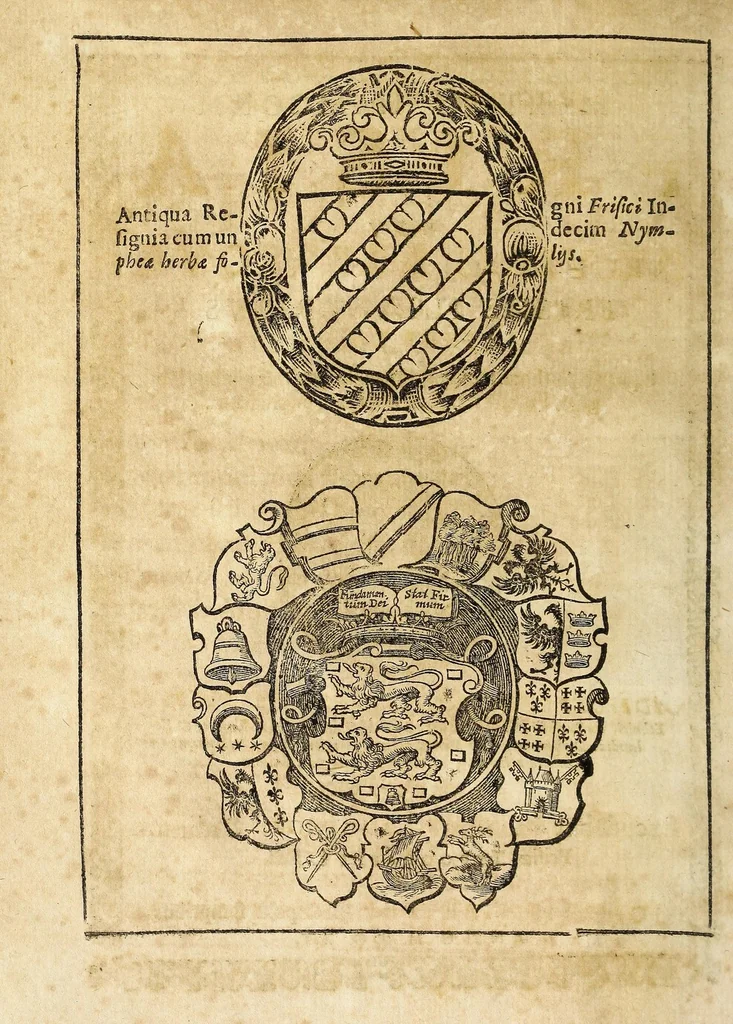 An illustration from Martini Hamconii Frisia; seu, De viris rebusque Frisiae illustribus libri duo. Opus ab authore recognitum, auctum, & imaginibus regum, potestatum, ac principum exornatum. Adiecti sunt pontifices Frisiorum ethnici, seu praefecti druydum: episcopi ultraiectini: comites Hollandiae & Zelandiae: diplomataque, & monumenta aliquot pontificum, caesarum, ac aliorum heroum, virtutem Frisiorum declarantia, 1620, leaf 6