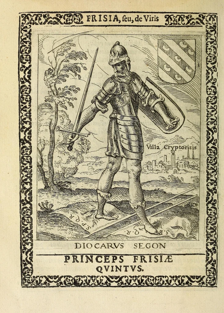 An illustration from Martini Hamconii Frisia; seu, De viris rebusque Frisiae illustribus libri duo. Opus ab authore recognitum, auctum, & imaginibus regum, potestatum, ac principum exornatum. Adiecti sunt pontifices Frisiorum ethnici, seu praefecti druydum: episcopi ultraiectini: comites Hollandiae & Zelandiae: diplomataque, & monumenta aliquot pontificum, caesarum, ac aliorum heroum, virtutem Frisiorum declarantia, 1620, leaf 60