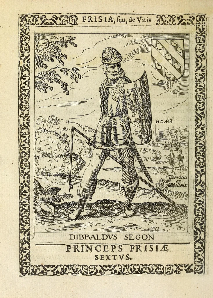 An illustration from Martini Hamconii Frisia; seu, De viris rebusque Frisiae illustribus libri duo. Opus ab authore recognitum, auctum, & imaginibus regum, potestatum, ac principum exornatum. Adiecti sunt pontifices Frisiorum ethnici, seu praefecti druydum: episcopi ultraiectini: comites Hollandiae & Zelandiae: diplomataque, & monumenta aliquot pontificum, caesarum, ac aliorum heroum, virtutem Frisiorum declarantia, 1620, leaf 62