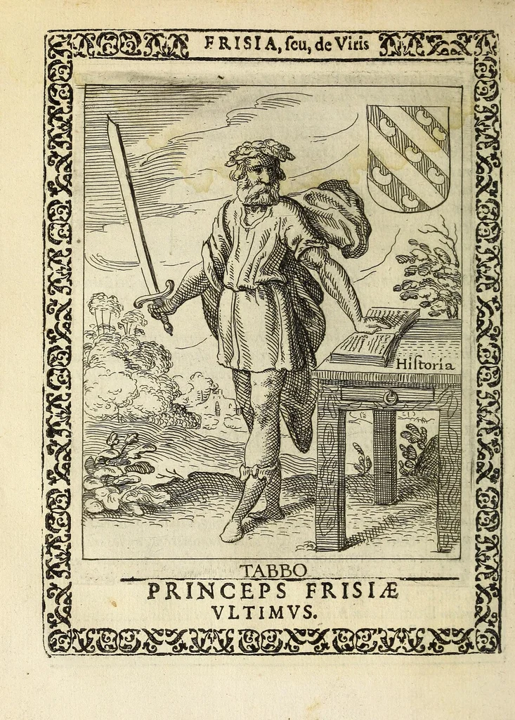 An illustration from Martini Hamconii Frisia; seu, De viris rebusque Frisiae illustribus libri duo. Opus ab authore recognitum, auctum, & imaginibus regum, potestatum, ac principum exornatum. Adiecti sunt pontifices Frisiorum ethnici, seu praefecti druydum: episcopi ultraiectini: comites Hollandiae & Zelandiae: diplomataque, & monumenta aliquot pontificum, caesarum, ac aliorum heroum, virtutem Frisiorum declarantia, 1620, leaf 64