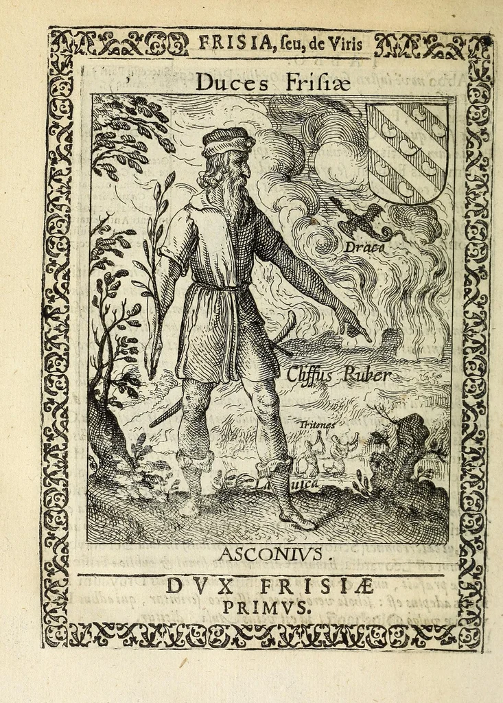 An illustration from Martini Hamconii Frisia; seu, De viris rebusque Frisiae illustribus libri duo. Opus ab authore recognitum, auctum, & imaginibus regum, potestatum, ac principum exornatum. Adiecti sunt pontifices Frisiorum ethnici, seu praefecti druydum: episcopi ultraiectini: comites Hollandiae & Zelandiae: diplomataque, & monumenta aliquot pontificum, caesarum, ac aliorum heroum, virtutem Frisiorum declarantia, 1620, leaf 66