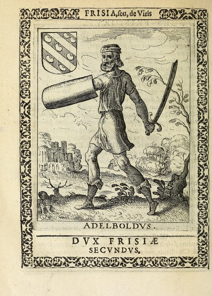 An illustration from Martini Hamconii Frisia; seu, De viris rebusque Frisiae illustribus libri duo. Opus ab authore recognitum, auctum, & imaginibus regum, potestatum, ac principum exornatum. Adiecti sunt pontifices Frisiorum ethnici, seu praefecti druydum: episcopi ultraiectini: comites Hollandiae & Zelandiae: diplomataque, & monumenta aliquot pontificum, caesarum, ac aliorum heroum, virtutem Frisiorum declarantia, 1620, leaf 68