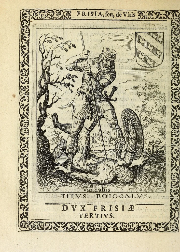 An illustration from Martini Hamconii Frisia; seu, De viris rebusque Frisiae illustribus libri duo. Opus ab authore recognitum, auctum, & imaginibus regum, potestatum, ac principum exornatum. Adiecti sunt pontifices Frisiorum ethnici, seu praefecti druydum: episcopi ultraiectini: comites Hollandiae & Zelandiae: diplomataque, & monumenta aliquot pontificum, caesarum, ac aliorum heroum, virtutem Frisiorum declarantia, 1620, leaf 70