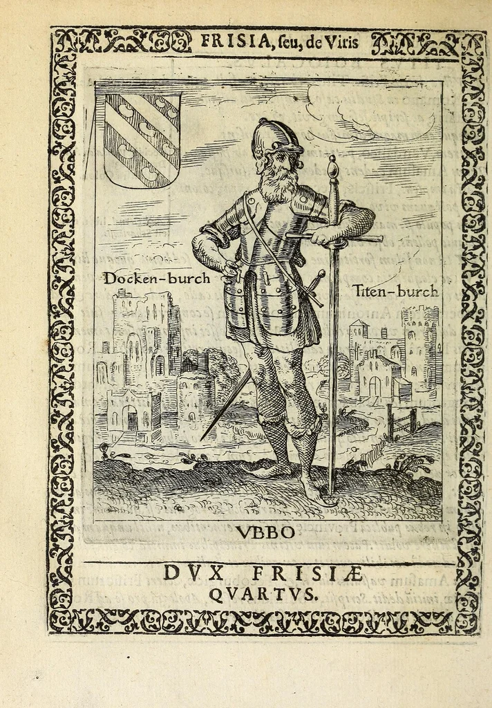 An illustration from Martini Hamconii Frisia; seu, De viris rebusque Frisiae illustribus libri duo. Opus ab authore recognitum, auctum, & imaginibus regum, potestatum, ac principum exornatum. Adiecti sunt pontifices Frisiorum ethnici, seu praefecti druydum: episcopi ultraiectini: comites Hollandiae & Zelandiae: diplomataque, & monumenta aliquot pontificum, caesarum, ac aliorum heroum, virtutem Frisiorum declarantia, 1620, leaf 72