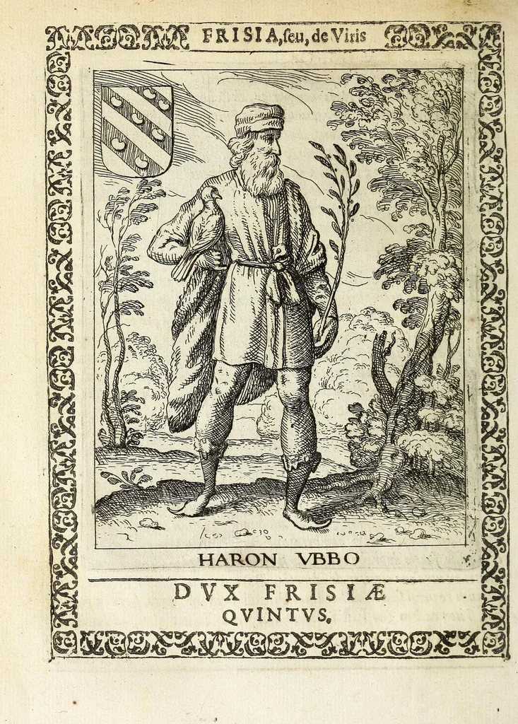 An illustration from Martini Hamconii Frisia; seu, De viris rebusque Frisiae illustribus libri duo. Opus ab authore recognitum, auctum, & imaginibus regum, potestatum, ac principum exornatum. Adiecti sunt pontifices Frisiorum ethnici, seu praefecti druydum: episcopi ultraiectini: comites Hollandiae & Zelandiae: diplomataque, & monumenta aliquot pontificum, caesarum, ac aliorum heroum, virtutem Frisiorum declarantia, 1620, leaf 74