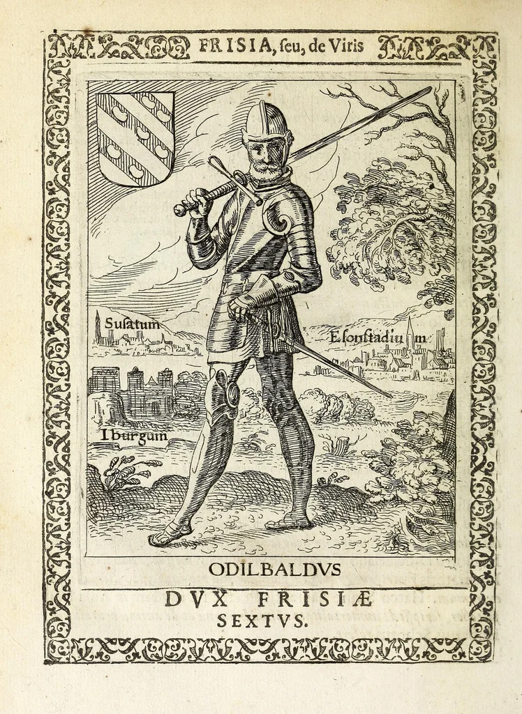 An illustration from Martini Hamconii Frisia; seu, De viris rebusque Frisiae illustribus libri duo. Opus ab authore recognitum, auctum, & imaginibus regum, potestatum, ac principum exornatum. Adiecti sunt pontifices Frisiorum ethnici, seu praefecti druydum: episcopi ultraiectini: comites Hollandiae & Zelandiae: diplomataque, & monumenta aliquot pontificum, caesarum, ac aliorum heroum, virtutem Frisiorum declarantia, 1620, leaf 76