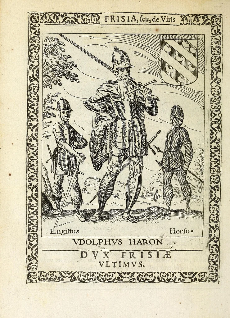 An illustration from Martini Hamconii Frisia; seu, De viris rebusque Frisiae illustribus libri duo. Opus ab authore recognitum, auctum, & imaginibus regum, potestatum, ac principum exornatum. Adiecti sunt pontifices Frisiorum ethnici, seu praefecti druydum: episcopi ultraiectini: comites Hollandiae & Zelandiae: diplomataque, & monumenta aliquot pontificum, caesarum, ac aliorum heroum, virtutem Frisiorum declarantia, 1620, leaf 78