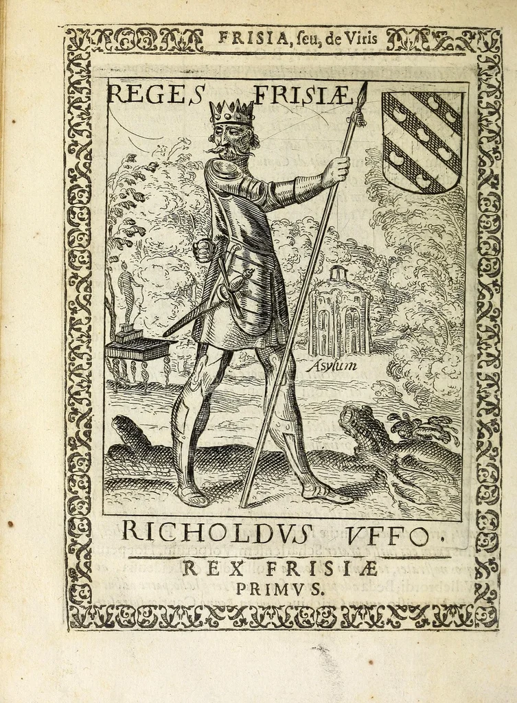 An illustration from Martini Hamconii Frisia; seu, De viris rebusque Frisiae illustribus libri duo. Opus ab authore recognitum, auctum, & imaginibus regum, potestatum, ac principum exornatum. Adiecti sunt pontifices Frisiorum ethnici, seu praefecti druydum: episcopi ultraiectini: comites Hollandiae & Zelandiae: diplomataque, & monumenta aliquot pontificum, caesarum, ac aliorum heroum, virtutem Frisiorum declarantia, 1620, leaf 80