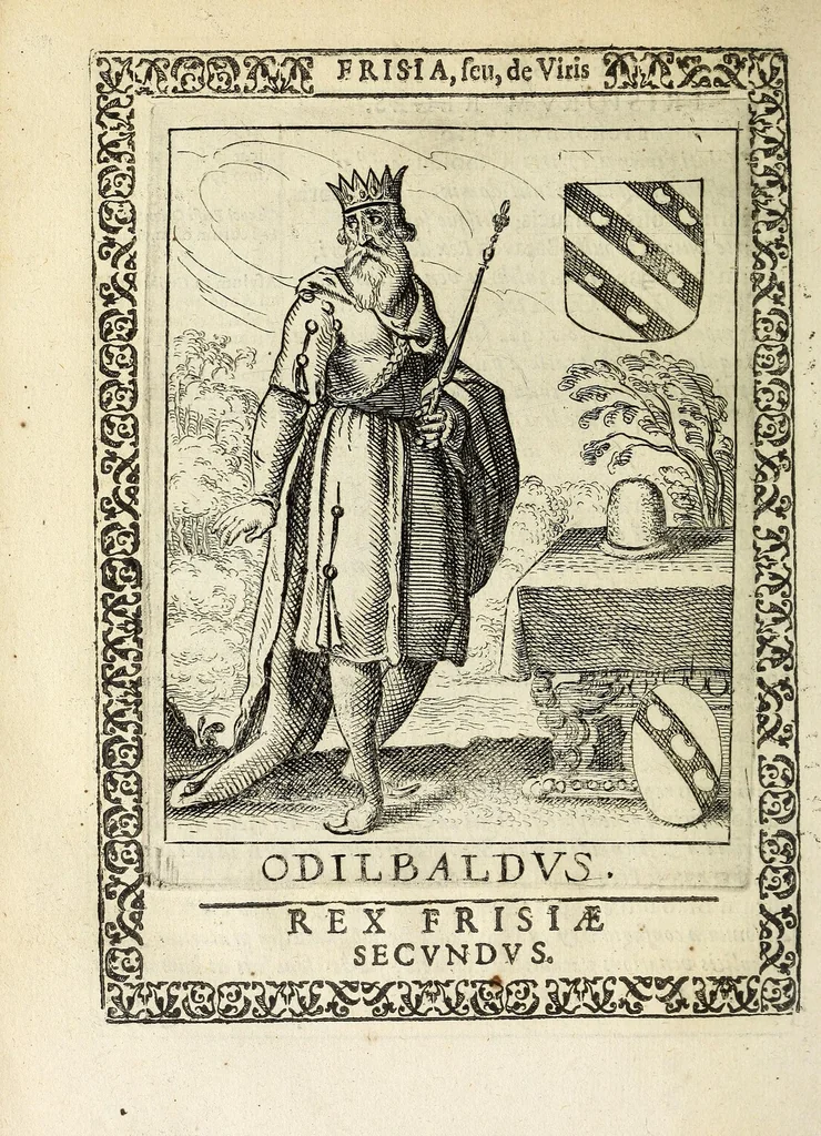An illustration from Martini Hamconii Frisia; seu, De viris rebusque Frisiae illustribus libri duo. Opus ab authore recognitum, auctum, & imaginibus regum, potestatum, ac principum exornatum. Adiecti sunt pontifices Frisiorum ethnici, seu praefecti druydum: episcopi ultraiectini: comites Hollandiae & Zelandiae: diplomataque, & monumenta aliquot pontificum, caesarum, ac aliorum heroum, virtutem Frisiorum declarantia, 1620, leaf 82