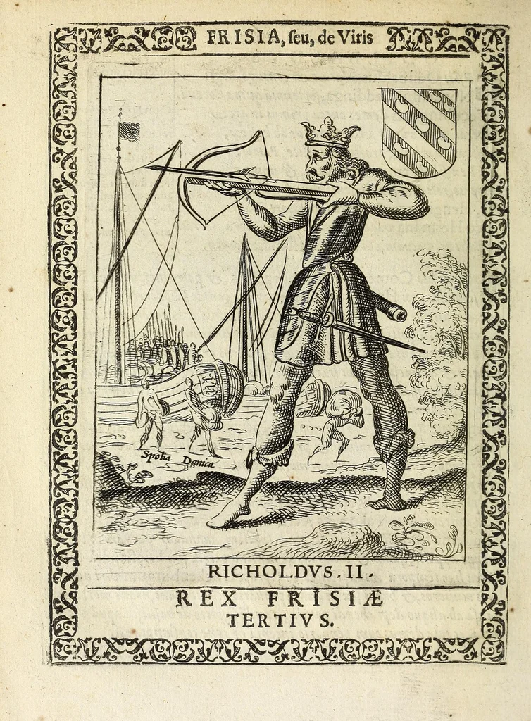 An illustration from Martini Hamconii Frisia; seu, De viris rebusque Frisiae illustribus libri duo. Opus ab authore recognitum, auctum, & imaginibus regum, potestatum, ac principum exornatum. Adiecti sunt pontifices Frisiorum ethnici, seu praefecti druydum: episcopi ultraiectini: comites Hollandiae & Zelandiae: diplomataque, & monumenta aliquot pontificum, caesarum, ac aliorum heroum, virtutem Frisiorum declarantia, 1620, leaf 84