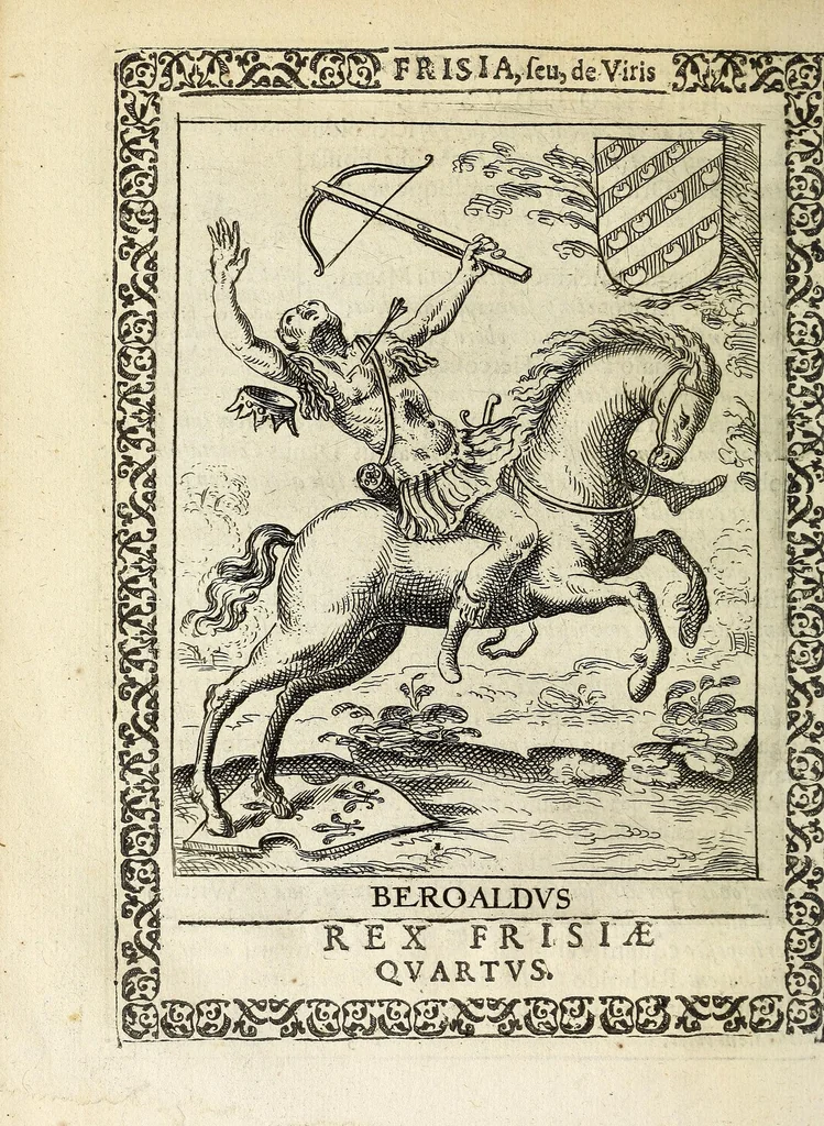 An illustration from Martini Hamconii Frisia; seu, De viris rebusque Frisiae illustribus libri duo. Opus ab authore recognitum, auctum, & imaginibus regum, potestatum, ac principum exornatum. Adiecti sunt pontifices Frisiorum ethnici, seu praefecti druydum: episcopi ultraiectini: comites Hollandiae & Zelandiae: diplomataque, & monumenta aliquot pontificum, caesarum, ac aliorum heroum, virtutem Frisiorum declarantia, 1620, leaf 86