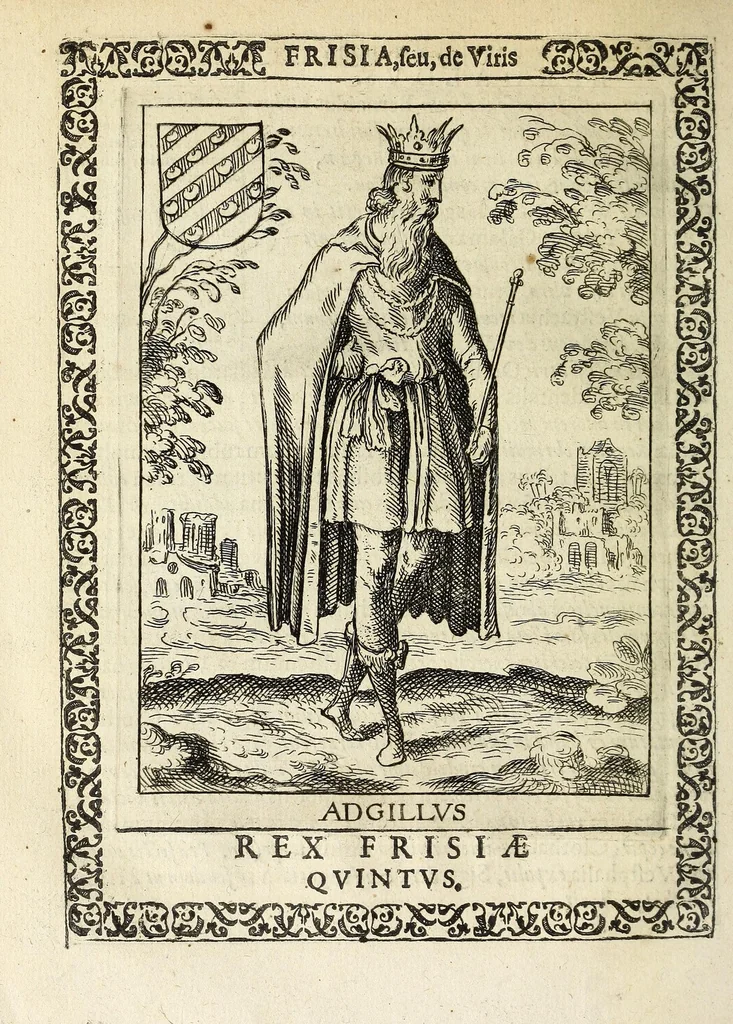 An illustration from Martini Hamconii Frisia; seu, De viris rebusque Frisiae illustribus libri duo. Opus ab authore recognitum, auctum, & imaginibus regum, potestatum, ac principum exornatum. Adiecti sunt pontifices Frisiorum ethnici, seu praefecti druydum: episcopi ultraiectini: comites Hollandiae & Zelandiae: diplomataque, & monumenta aliquot pontificum, caesarum, ac aliorum heroum, virtutem Frisiorum declarantia, 1620, leaf 88