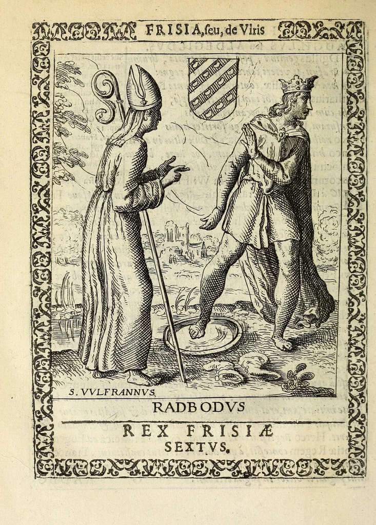 An illustration from Martini Hamconii Frisia; seu, De viris rebusque Frisiae illustribus libri duo. Opus ab authore recognitum, auctum, & imaginibus regum, potestatum, ac principum exornatum. Adiecti sunt pontifices Frisiorum ethnici, seu praefecti druydum: episcopi ultraiectini: comites Hollandiae & Zelandiae: diplomataque, & monumenta aliquot pontificum, caesarum, ac aliorum heroum, virtutem Frisiorum declarantia, 1620, leaf 90