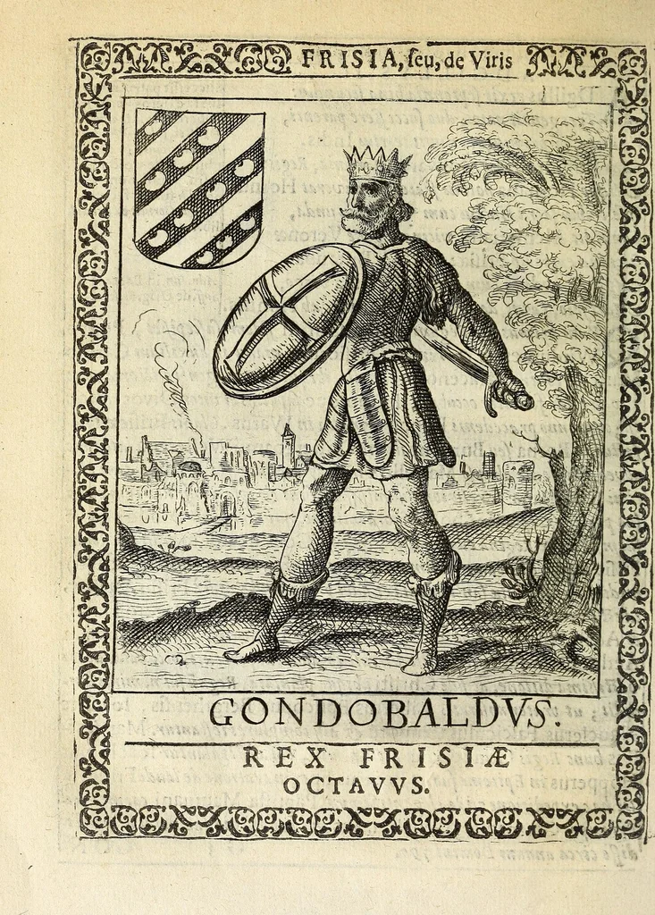 An illustration from Martini Hamconii Frisia; seu, De viris rebusque Frisiae illustribus libri duo. Opus ab authore recognitum, auctum, & imaginibus regum, potestatum, ac principum exornatum. Adiecti sunt pontifices Frisiorum ethnici, seu praefecti druydum: episcopi ultraiectini: comites Hollandiae & Zelandiae: diplomataque, & monumenta aliquot pontificum, caesarum, ac aliorum heroum, virtutem Frisiorum declarantia, 1620, leaf 94