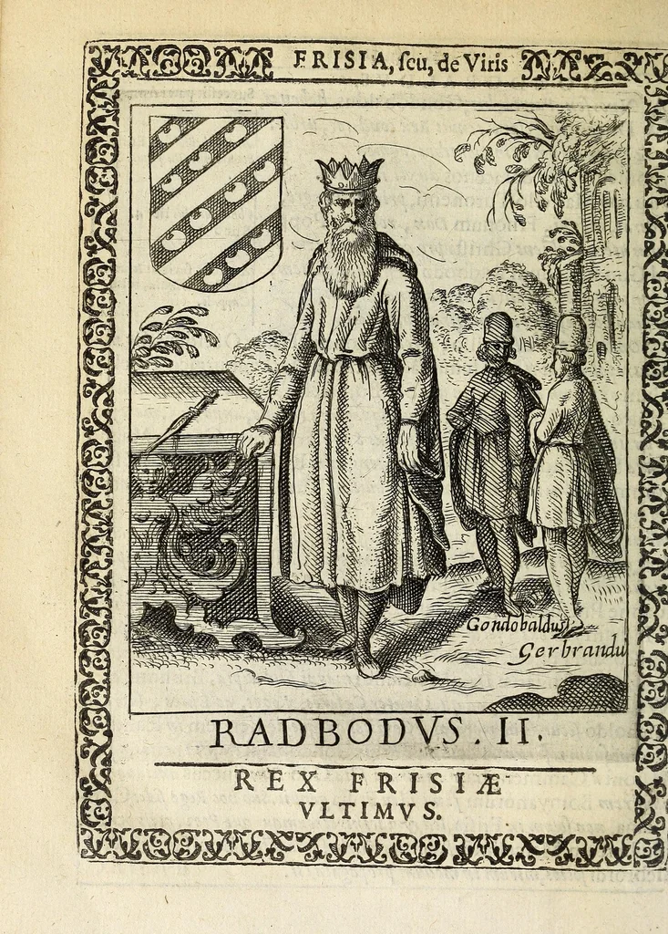 An illustration from Martini Hamconii Frisia; seu, De viris rebusque Frisiae illustribus libri duo. Opus ab authore recognitum, auctum, & imaginibus regum, potestatum, ac principum exornatum. Adiecti sunt pontifices Frisiorum ethnici, seu praefecti druydum: episcopi ultraiectini: comites Hollandiae & Zelandiae: diplomataque, & monumenta aliquot pontificum, caesarum, ac aliorum heroum, virtutem Frisiorum declarantia, 1620, leaf 96