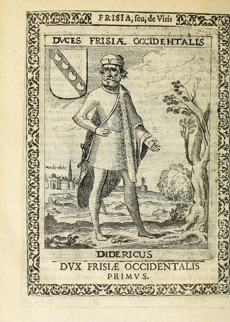 An illustration from Martini Hamconii Frisia; seu, De viris rebusque Frisiae illustribus libri duo. Opus ab authore recognitum, auctum, & imaginibus regum, potestatum, ac principum exornatum. Adiecti sunt pontifices Frisiorum ethnici, seu praefecti druydum: episcopi ultraiectini: comites Hollandiae & Zelandiae: diplomataque, & monumenta aliquot pontificum, caesarum, ac aliorum heroum, virtutem Frisiorum declarantia, 1620, leaf 98