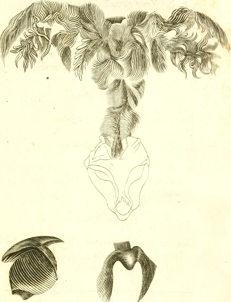 An illustration from Martini Lister Exercitatio anatomica : in qua de cochleis, maximè terrestribus & limacibus, agitur : omnium dissectiones tabulis aeneis, ad ipsas res affabrè incisis, illustrantur : dissecanda sunt, non solùm humana cadavera; sed & aves, pisces, quadrupedia, insecta, amphibia, &c. ut singularum partium innotesceret officium: cùm aut quaedam in aliquibus deficiant, aut quid analogum reperiatur, aut saltem notanda occurrat aliqua diversitas, quae saepè maximam lucem afferat Adrianus Auzoutius, 1694, leaf 238