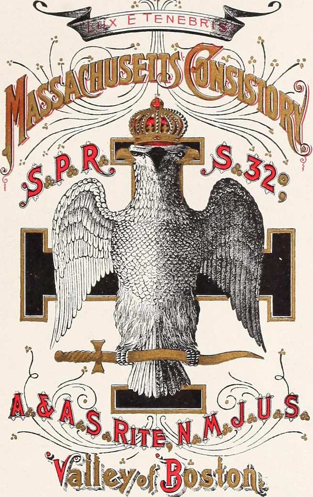 An illustration from Massachusetts consistory of sublime princes of the royal secret, thirty-second degree of the Ancient and accepted Scottish rite for the northern jurisdiction of the United States, Boston, Massachusetts, 1908, leaf 10
