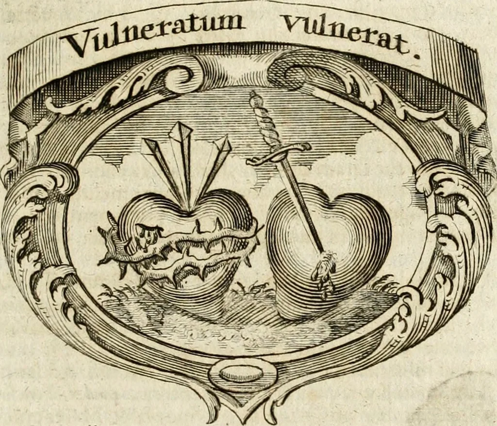 An illustration from Mater amoris et doloris : quam Christus in cruce moriens omnibus ac singulis suis fidelibus in matrem legavit : ecce mater tua : nunc explicata per sacra emblemata, figuras scripturae quàm plurimas, conceptus varios praedicabiles, SS. patrum sententias, raras historias, & pios ad Jesum patientem, ac sanctissimam matrem ejus compatientem affectus : opus omnibus Jesum & Mariam amantibus, praedicantibus, aut meditantibus perutile, com triplici indice considerationum, rerum memorabilium, & concionatorio, formandis per annum concionibus opportuno, 1741, leaf 344