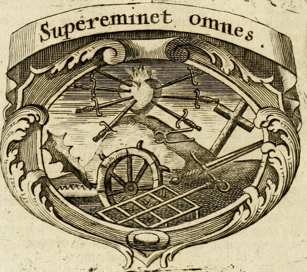 An illustration from Mater amoris et doloris : quam Christus in cruce moriens omnibus ac singulis suis fidelibus in matrem legavit : ecce mater tua : nunc explicata per sacra emblemata, figuras scripturae quàm plurimas, conceptus varios praedicabiles, SS. patrum sententias, raras historias, & pios ad Jesum patientem, ac sanctissimam matrem ejus compatientem affectus : opus omnibus Jesum & Mariam amantibus, praedicantibus, aut meditantibus perutile, com triplici indice considerationum, rerum memorabilium, & concionatorio, formandis per annum concionibus opportuno, 1741, leaf 351