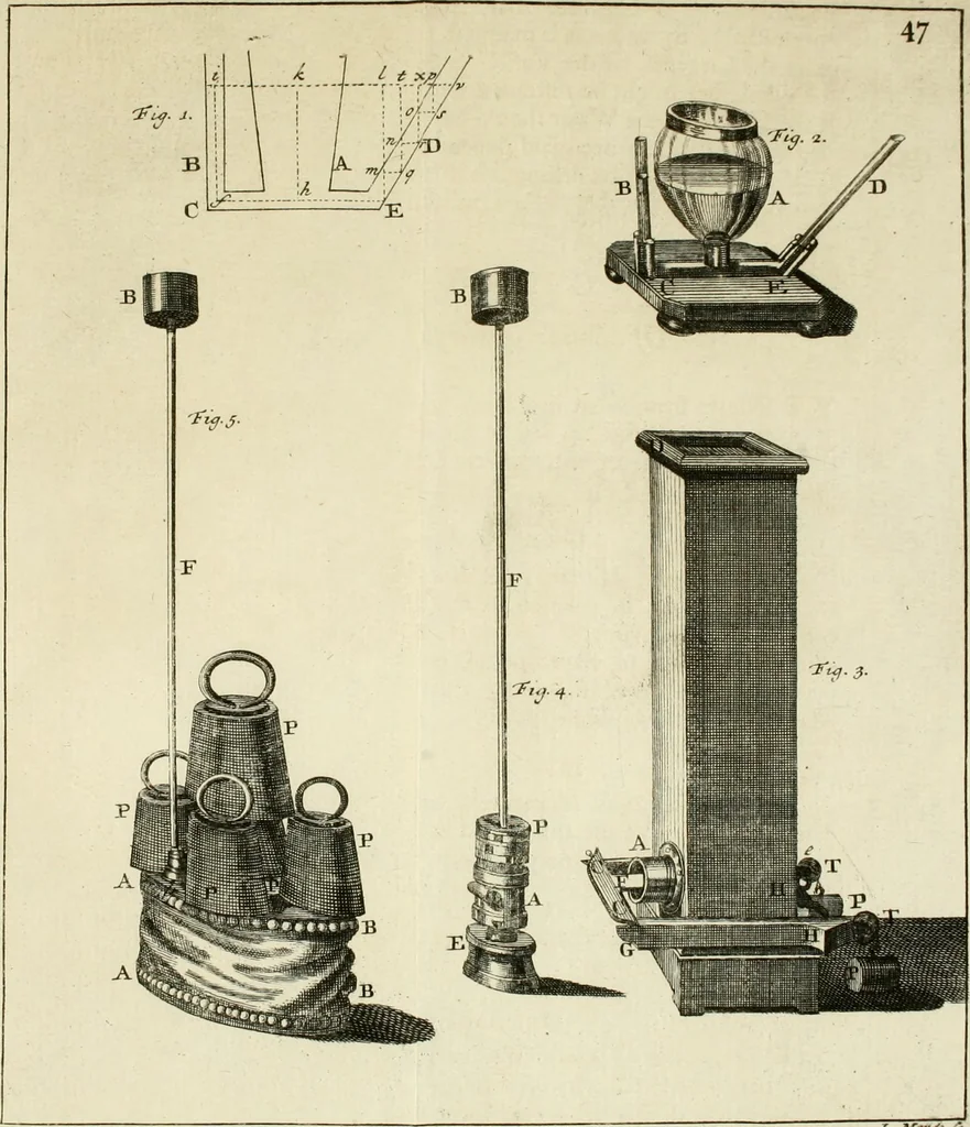 An illustration from Mathematical elements of natural philosophy, confirm'd by experiments : or, An introduction to Sir Isaac Newton's philosophy, 1747, leaf 532