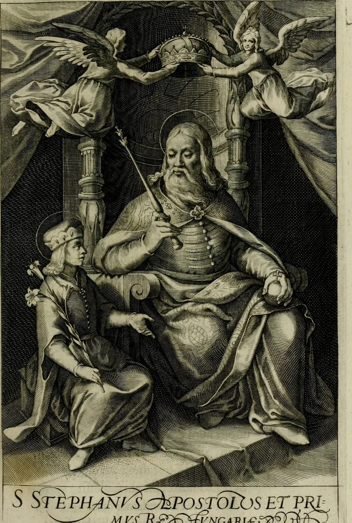 An illustration from Mausoleum potentissimorum ac gloriosissimorum Regni Apostolici regum & primorum militantis Ungariae ducum : vindicatis è mortuali pulvere reliquiis ad gratam apud posteros memoriam, à pIo et IVsto patrIae DoLore ereCtVM : cum versione operis Germanicâ, 1664, leaf 102