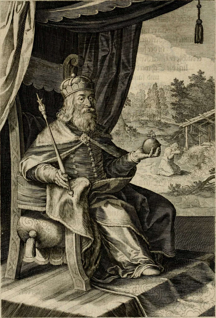 An illustration from Mausoleum potentissimorum ac gloriosissimorum Regni Apostolici regum & primorum militantis Ungariae ducum : vindicatis è mortuali pulvere reliquiis ad gratam apud posteros memoriam, à pIo et IVsto patrIae DoLore ereCtVM : cum versione operis Germanicâ, 1664, leaf 145