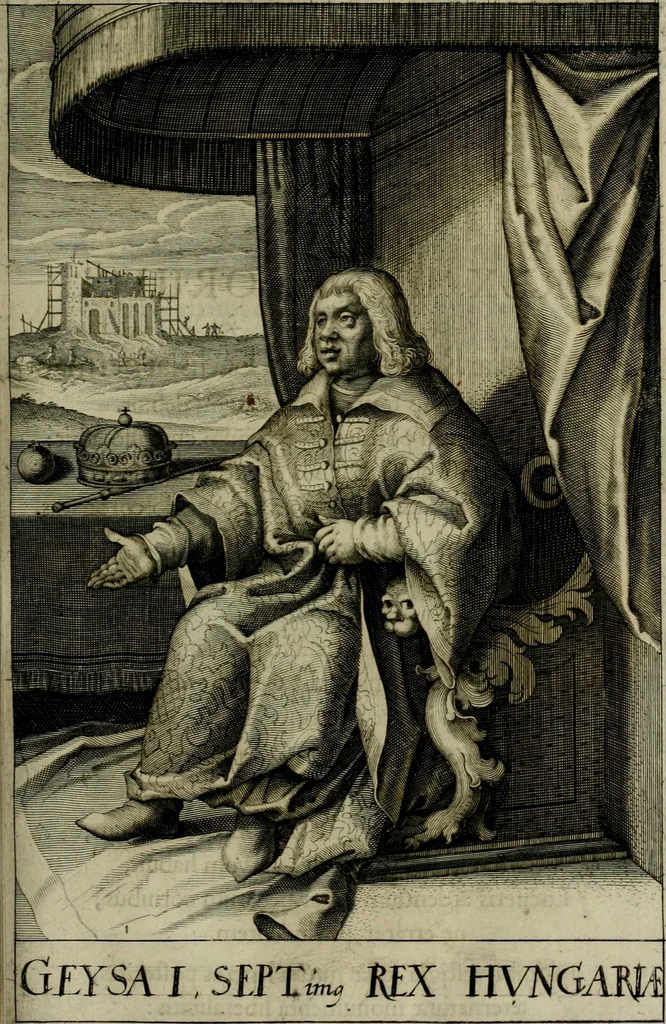 An illustration from Mausoleum potentissimorum ac gloriosissimorum Regni Apostolici regum & primorum militantis Ungariae ducum : vindicatis è mortuali pulvere reliquiis ad gratam apud posteros memoriam, à pIo et IVsto patrIae DoLore ereCtVM : cum versione operis Germanicâ, 1664, leaf 152