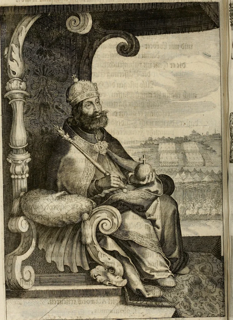 An illustration from Mausoleum potentissimorum ac gloriosissimorum Regni Apostolici regum & primorum militantis Ungariae ducum : vindicatis è mortuali pulvere reliquiis ad gratam apud posteros memoriam, à pIo et IVsto patrIae DoLore ereCtVM : cum versione operis Germanicâ, 1664, leaf 177