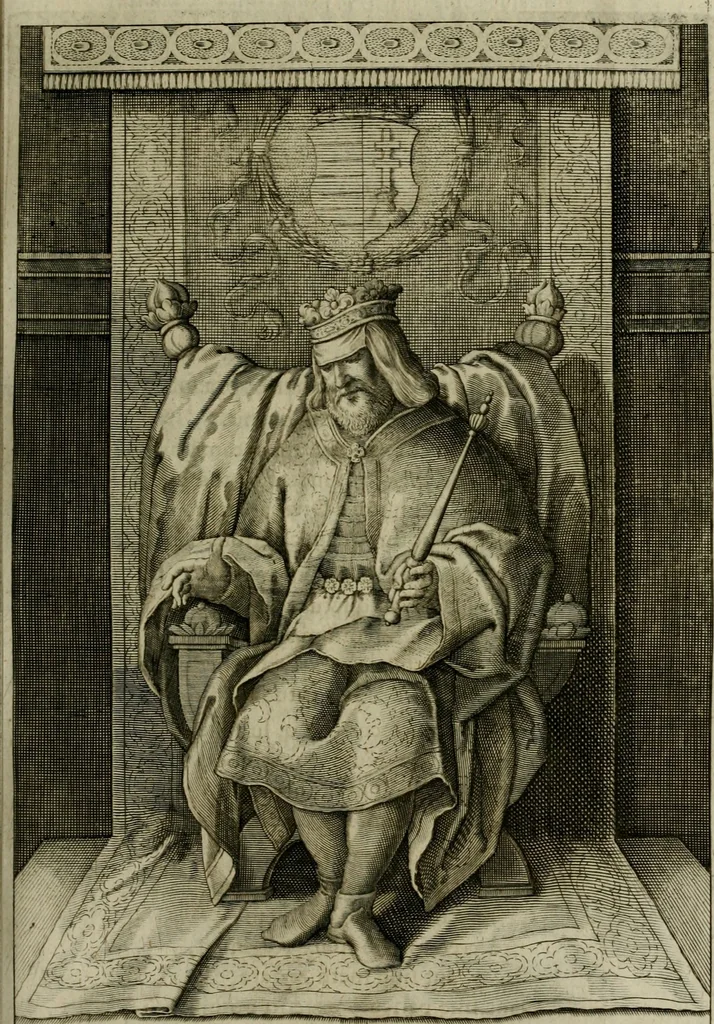 An illustration from Mausoleum potentissimorum ac gloriosissimorum Regni Apostolici regum & primorum militantis Ungariae ducum : vindicatis è mortuali pulvere reliquiis ad gratam apud posteros memoriam, à pIo et IVsto patrIae DoLore ereCtVM : cum versione operis Germanicâ, 1664, leaf 184