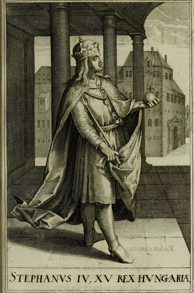 An illustration from Mausoleum potentissimorum ac gloriosissimorum Regni Apostolici regum & primorum militantis Ungariae ducum : vindicatis è mortuali pulvere reliquiis ad gratam apud posteros memoriam, à pIo et IVsto patrIae DoLore ereCtVM : cum versione operis Germanicâ, 1664, leaf 204
