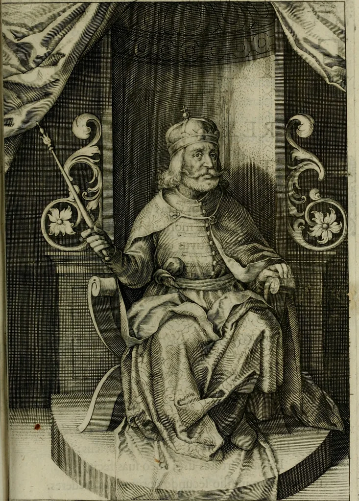 An illustration from Mausoleum potentissimorum ac gloriosissimorum Regni Apostolici regum & primorum militantis Ungariae ducum : vindicatis è mortuali pulvere reliquiis ad gratam apud posteros memoriam, à pIo et IVsto patrIae DoLore ereCtVM : cum versione operis Germanicâ, 1664, leaf 214