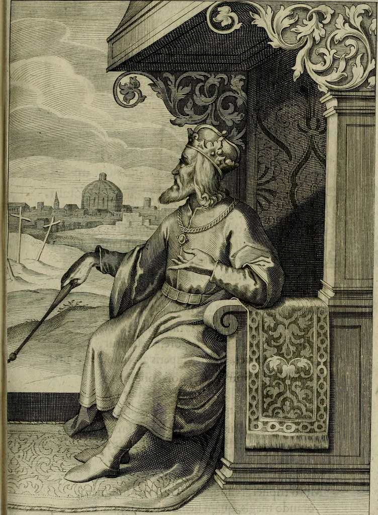 An illustration from Mausoleum potentissimorum ac gloriosissimorum Regni Apostolici regum & primorum militantis Ungariae ducum : vindicatis è mortuali pulvere reliquiis ad gratam apud posteros memoriam, à pIo et IVsto patrIae DoLore ereCtVM : cum versione operis Germanicâ, 1664, leaf 224