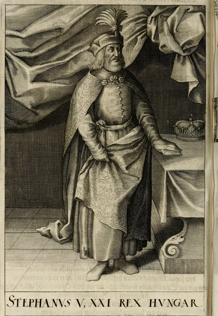 An illustration from Mausoleum potentissimorum ac gloriosissimorum Regni Apostolici regum & primorum militantis Ungariae ducum : vindicatis è mortuali pulvere reliquiis ad gratam apud posteros memoriam, à pIo et IVsto patrIae DoLore ereCtVM : cum versione operis Germanicâ, 1664, leaf 235