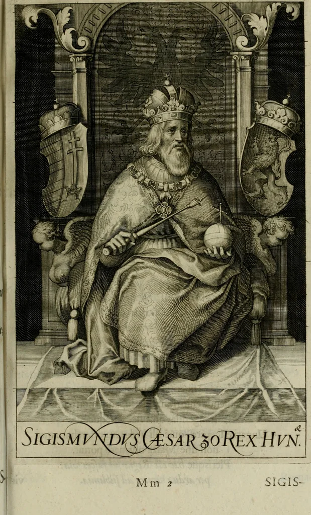 An illustration from Mausoleum potentissimorum ac gloriosissimorum Regni Apostolici regum & primorum militantis Ungariae ducum : vindicatis è mortuali pulvere reliquiis ad gratam apud posteros memoriam, à pIo et IVsto patrIae DoLore ereCtVM : cum versione operis Germanicâ, 1664, leaf 288