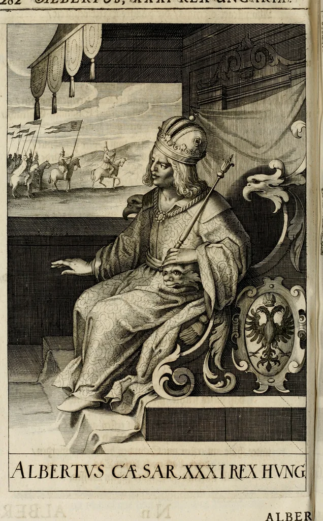 An illustration from Mausoleum potentissimorum ac gloriosissimorum Regni Apostolici regum & primorum militantis Ungariae ducum : vindicatis è mortuali pulvere reliquiis ad gratam apud posteros memoriam, à pIo et IVsto patrIae DoLore ereCtVM : cum versione operis Germanicâ, 1664, leaf 295
