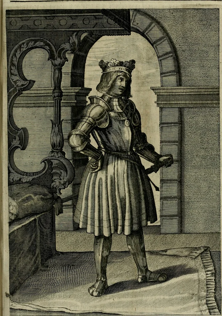 An illustration from Mausoleum potentissimorum ac gloriosissimorum Regni Apostolici regum & primorum militantis Ungariae ducum : vindicatis è mortuali pulvere reliquiis ad gratam apud posteros memoriam, à pIo et IVsto patrIae DoLore ereCtVM : cum versione operis Germanicâ, 1664, leaf 348