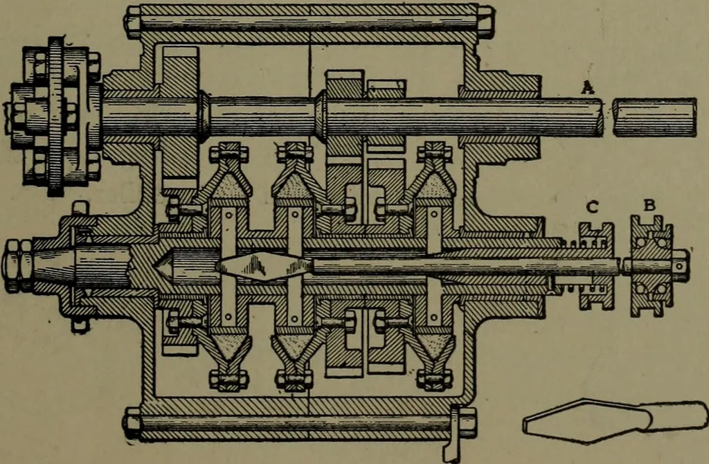An illustration from Mechanical appliances, mechanical movements and novelties of construction; a complete work and a continuation, as a second volume, of the author's book entitled "Mechanical movements, powers and devices" ... including an explanatory chapter on the leading conceptions of perpetual motion existing during the past three centuries, 1914, leaf 216