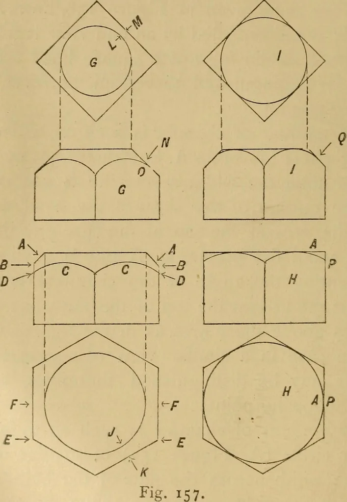 An illustration from Mechanical drawing self-taught: comprising instructions in the selection and preparation of drawing instruments. Elementary instruction in practical mechanical drawing. Together with examples in simple geometry and elementary mechanism, including screw threads, gear wheels, mechanical motions, engines and boilers, 1889, leaf 121